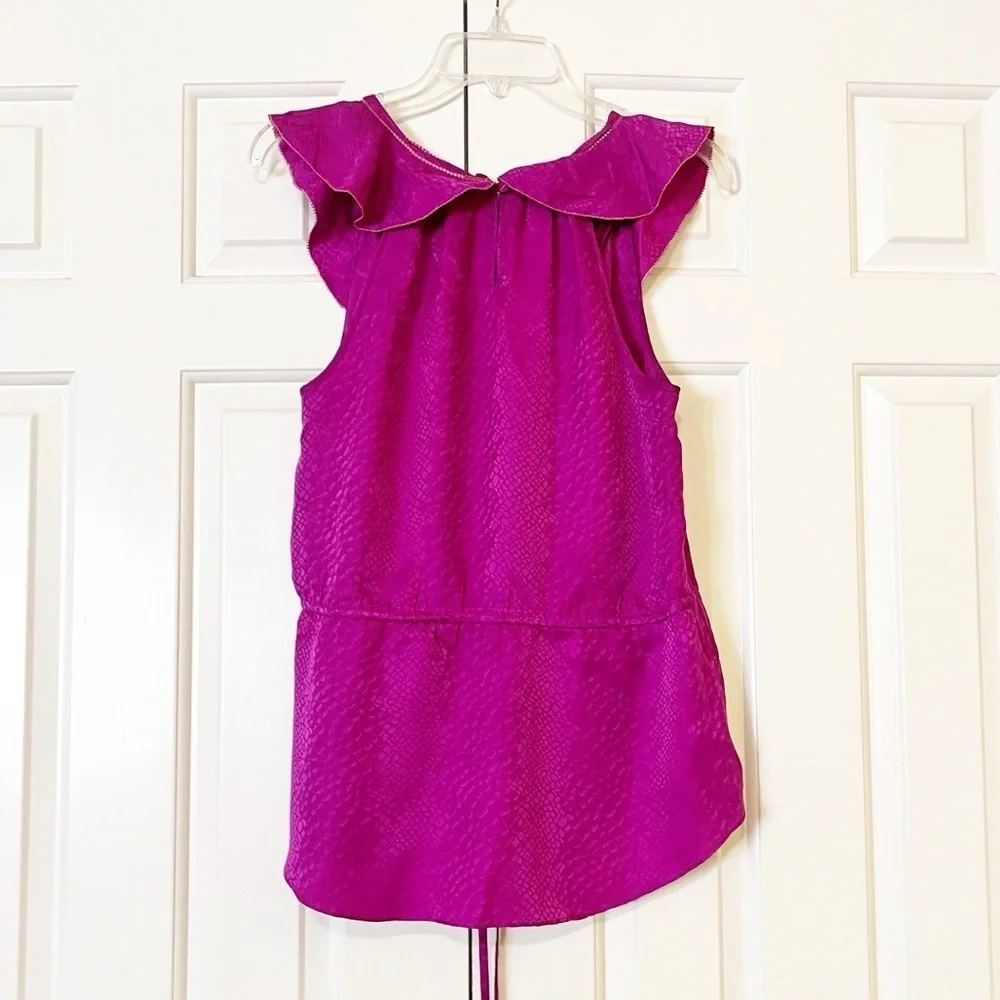Rebecca Taylor sleeveless v-neck 100% silk flounce blouse w/ waist tie. Size 10 - Picture 5 of 16